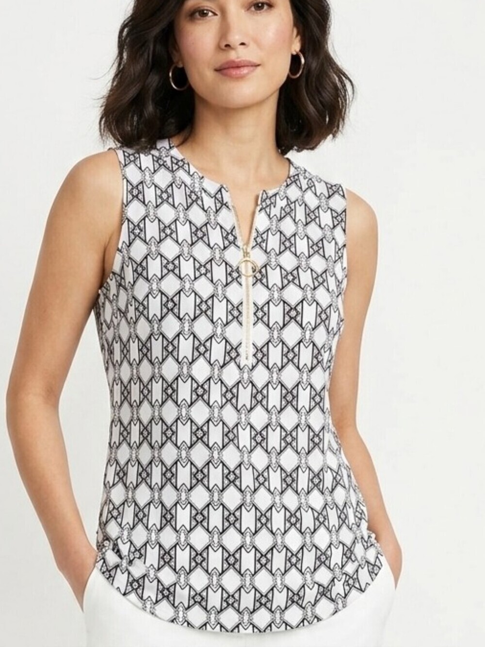 Anne Klein Black and White Geometric Blouse Women's With Gold Accent Size M